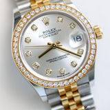 2019 Rolex Datejust 31 Silver Diamonds Dial Diamonds Bezel Fluted Two Tone YG