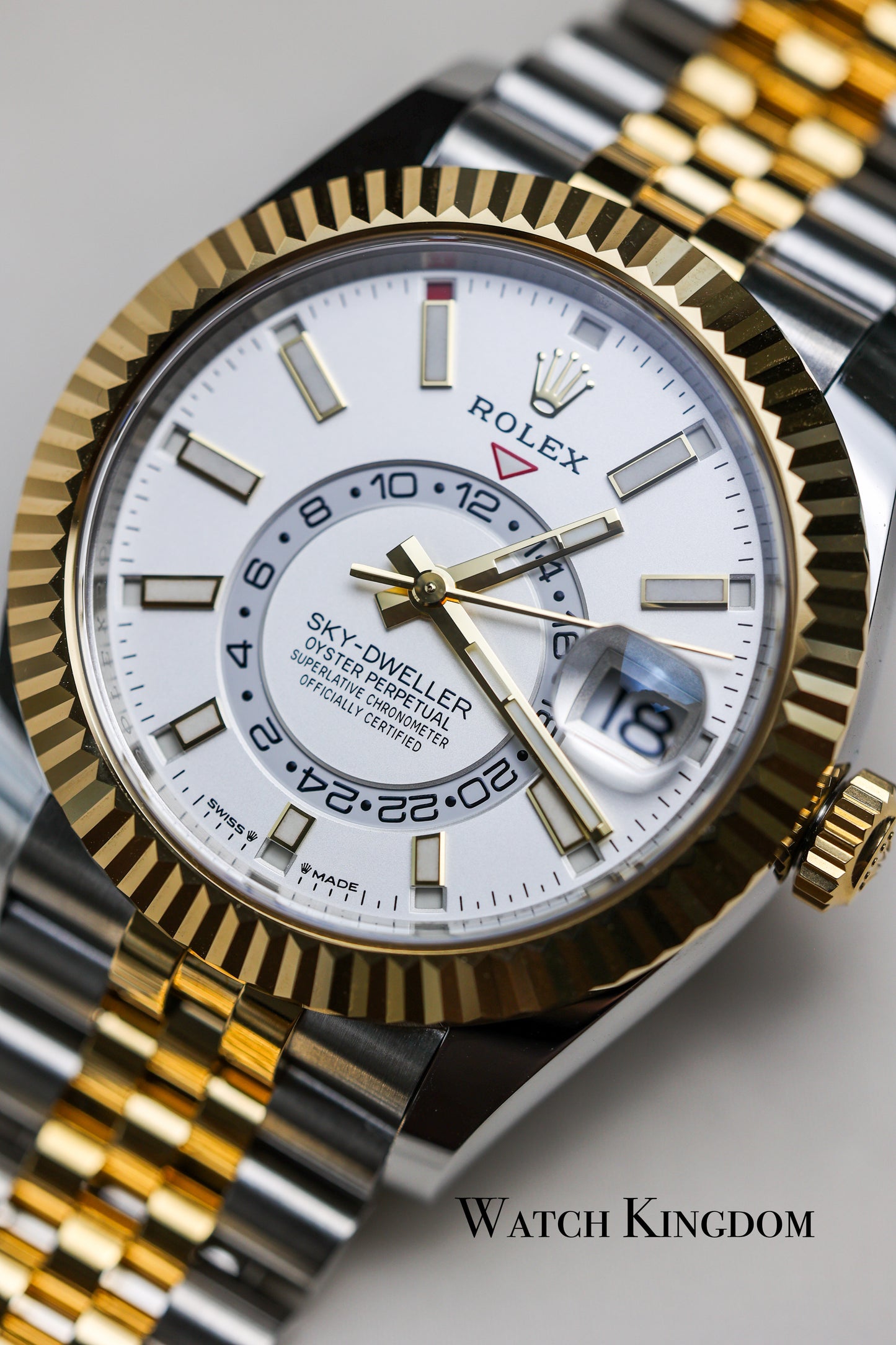 2023 Rolex Sky-Dweller White Dial Fluted Jubilee Two Tone YG