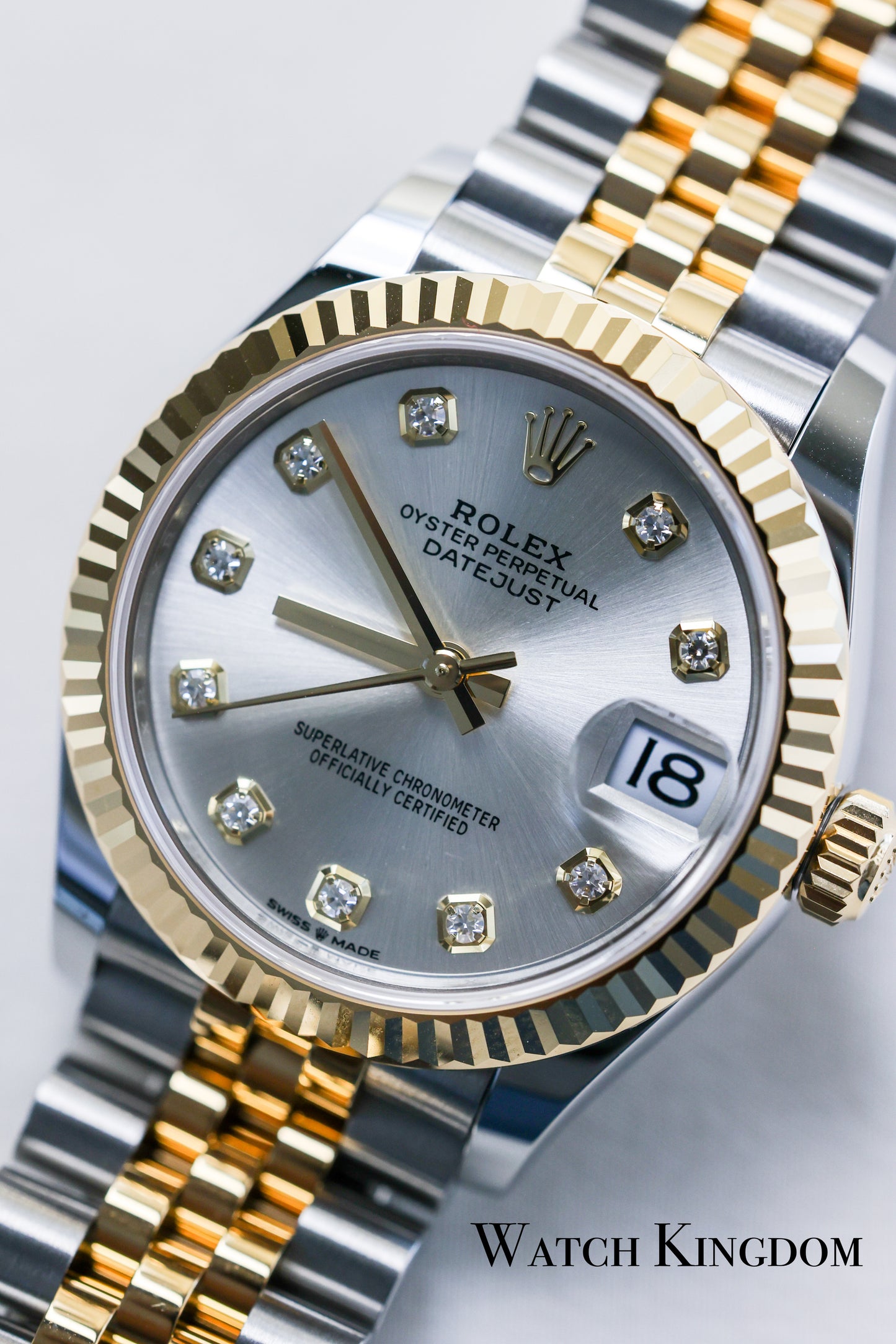 2023 Rolex Datejust 31 Silver Diamonds Dial Fluted Jubilee Two Tone Yellow Gold