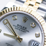 2023 Rolex Datejust 31 Silver Diamonds Dial Fluted Jubilee Two Tone Yellow Gold