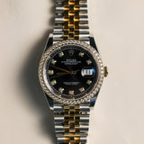 2023 Rolex Datejust 36 Black Diamonds Dial Dia Bezel Fluted Jubilee Two Tone Yellow Gold