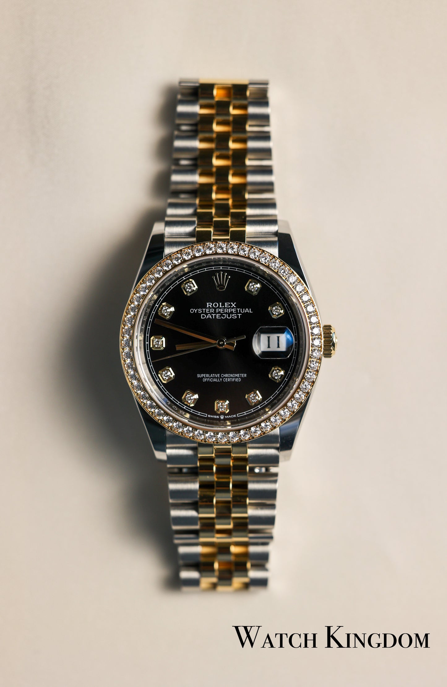 2023 Rolex Datejust 36 Black Diamonds Dial Dia Bezel Fluted Jubilee Two Tone Yellow Gold