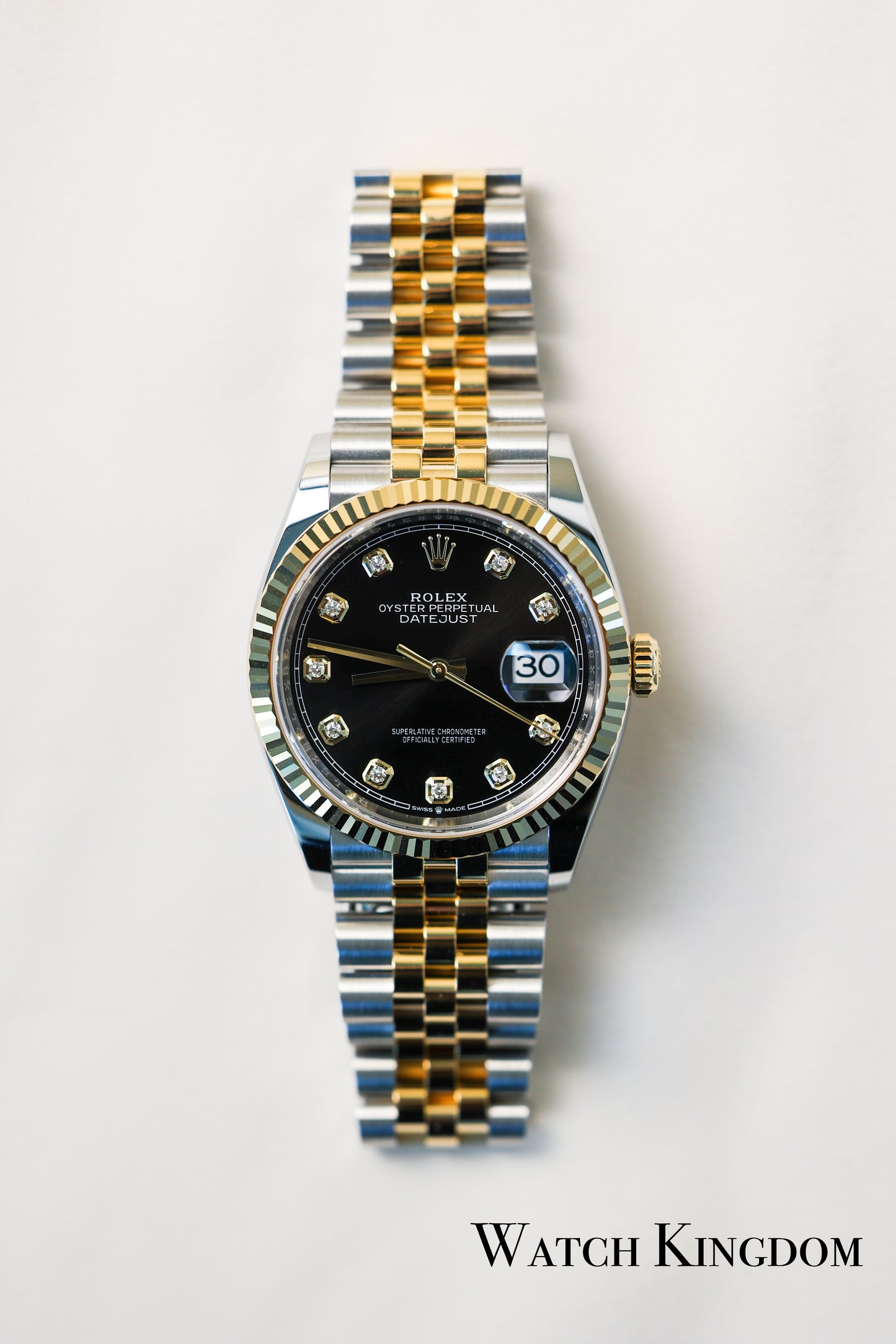 202x Rolex Datejust 36 Black Diamonds Dial Fluted Jubilee Two Tone Yellow Gold