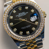 2023 Rolex Datejust 36 Black Diamonds Dial Dia Bezel Fluted Jubilee Two Tone Yellow Gold