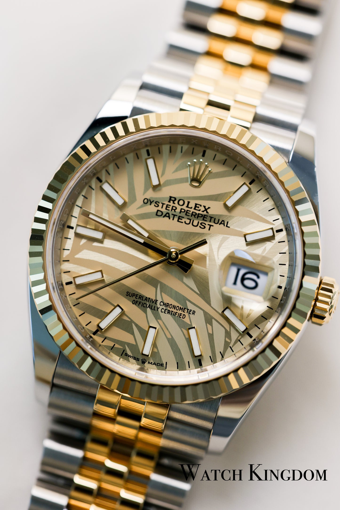 2023 Rolex Datejust 36 Champagne Palm Dial Fluted Jubilee Two Tone Yellow Gold