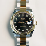 2022 Rolex Datejust 41 Black Diamonds Dial Fluted Oyster Bracelet Two Tone Yellow Gold