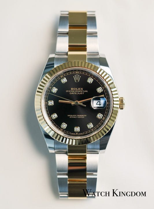 2022 Datejust 41 Black Diamonds Dial Fluted Oyster Bracelet Two Tone Yellow Gold
