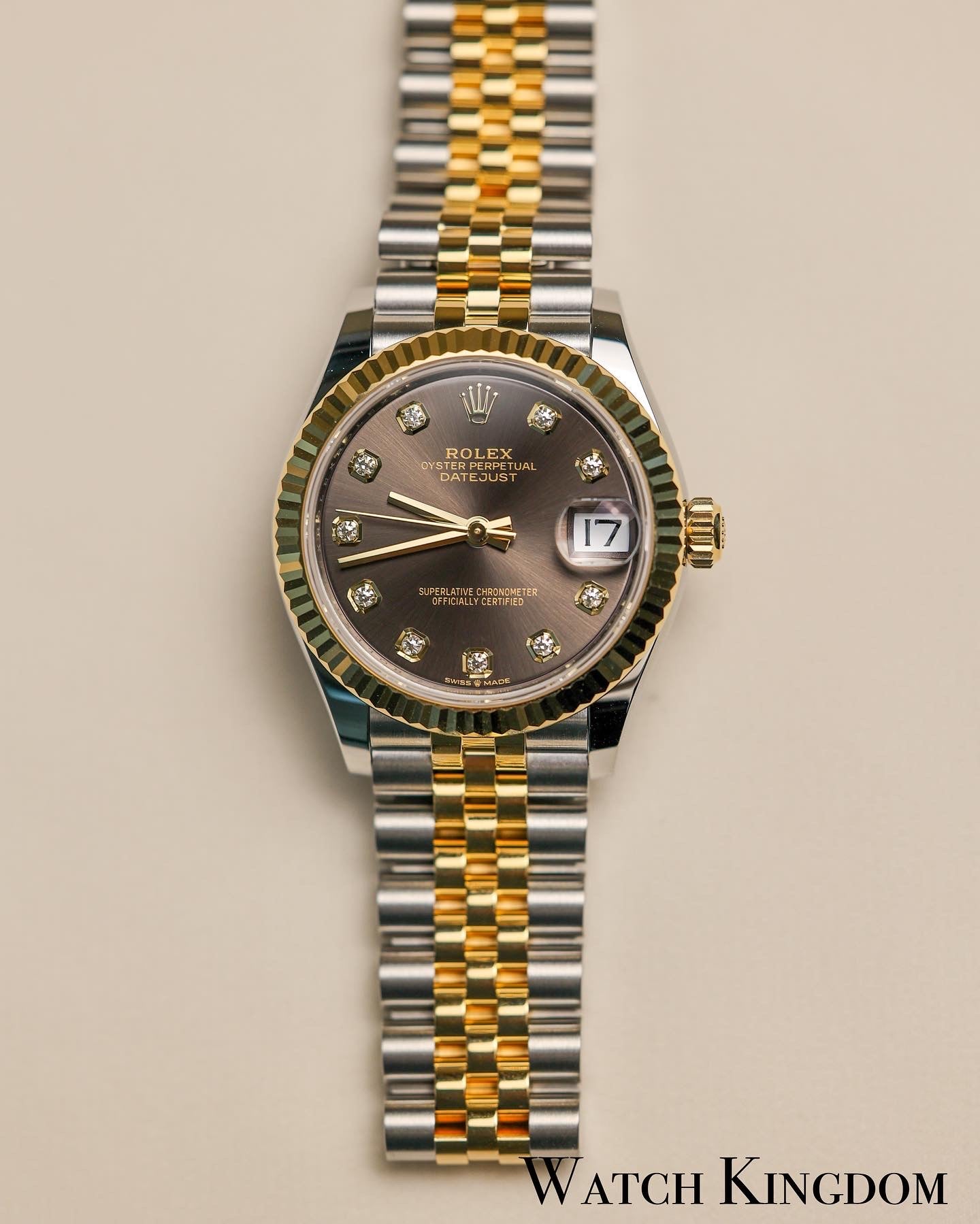 2022 Rolex Datejust 31 Dark Grey Diamonds Dial Fluted Jubilee Two Tone Yellow Gold