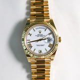 2022 Rolex Daydate 40 White Roman Numerals Fluted President Bracelet Yellow Gold