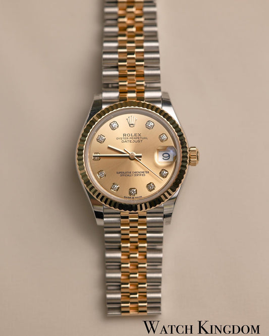 2022 Rolex Datejust 31 Champagne Dial With Diamonds Fluted Jubilee Two Tone Yellow Gold