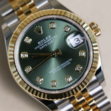 2023 Rolex Datejust 31 Olive-Green Diamonds Dial Fluted Jubilee Two Tone Yellow Gold