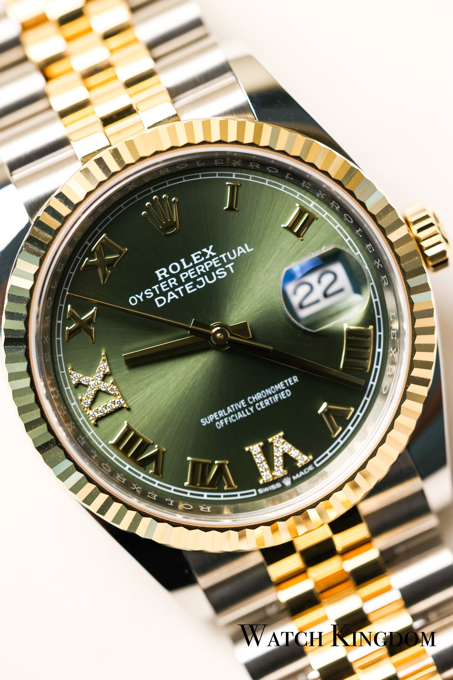 2021 Rolex Datejust36 Olive Dial Roman Numerals Fluted Jubilee Two Tone Yellow Gold