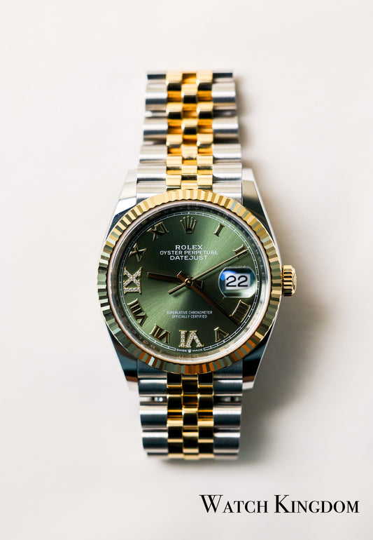 2021 Rolex Datejust36 Olive Dial Roman Numerals Fluted Jubilee Two Tone Yellow Gold