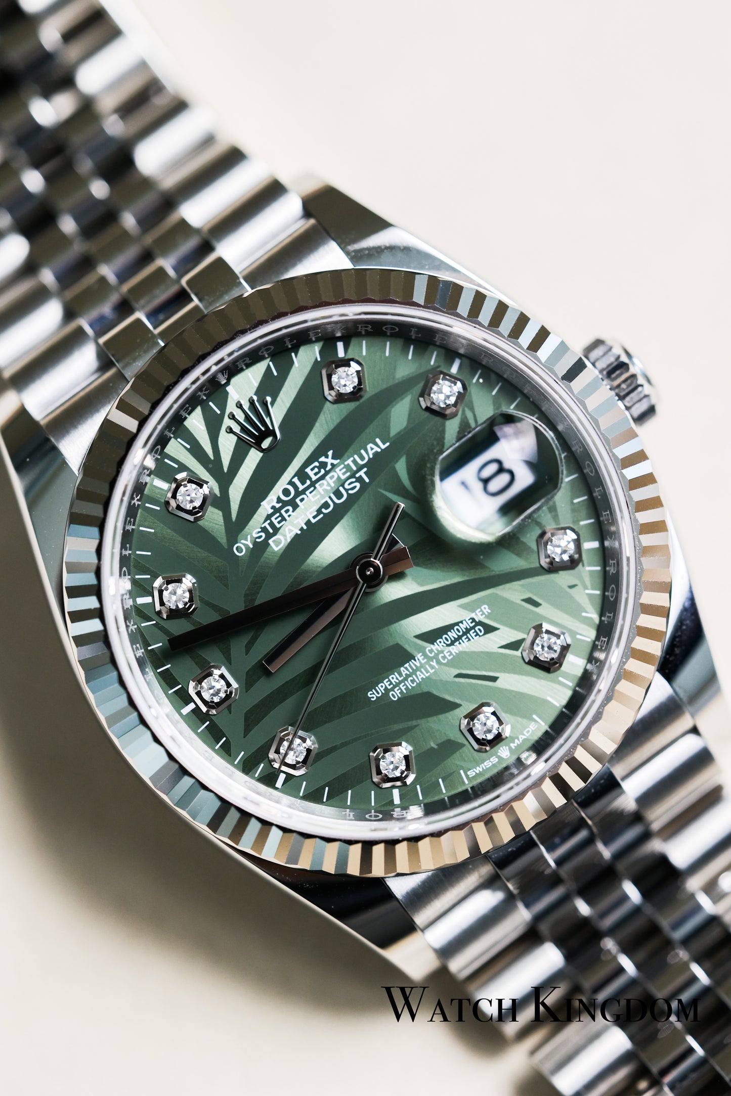 2022 Rolex Datejust 36 Fluted Jubilee Olive Palm-Motif Diamonds Dial