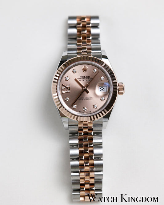 2022 Rolex Datejust 28 Rose-Colour Dial Fluted Jubilee Two Tone Rose Gold